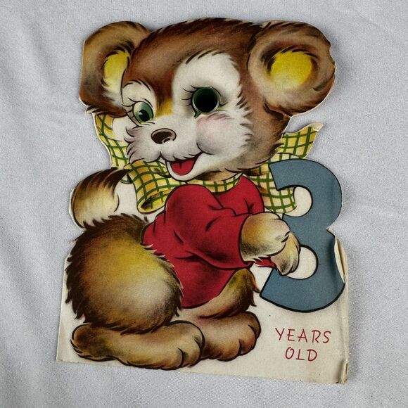 Other - 1940s Birthday Card 3 Years Old Unsigned Marked 1947 Puppy Dog w Twinkle In Eye